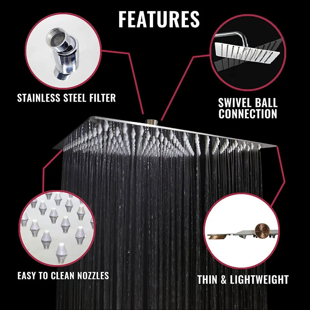 Stainless Steel Ultrathin Shower Head 16" Rainfall Accessory