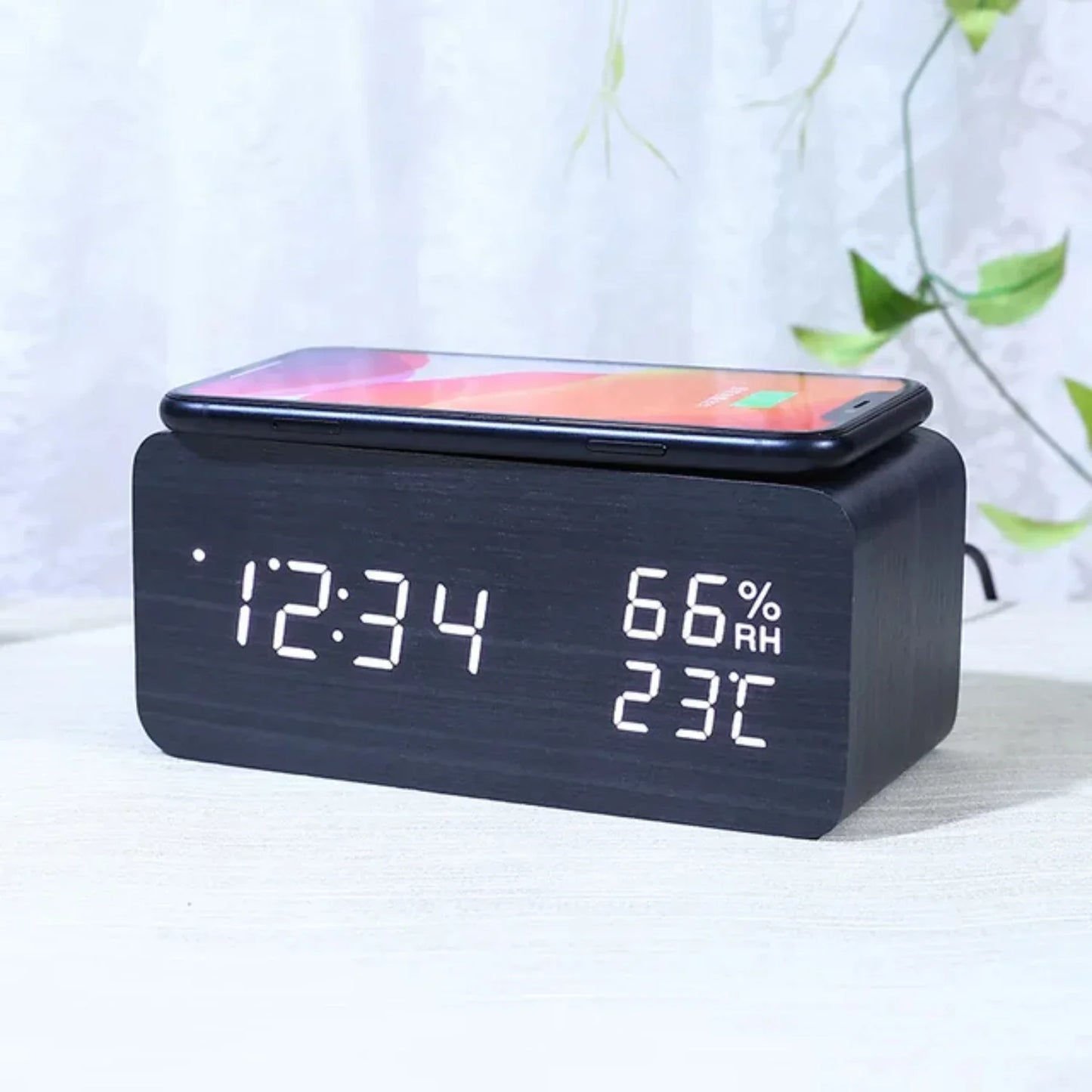 Wooden Wireless Digital Desk Clock w/Phone Charging Function