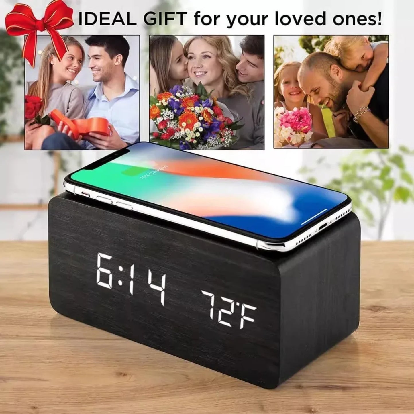 Wooden Wireless Digital Desk Clock w/Phone Charging Function