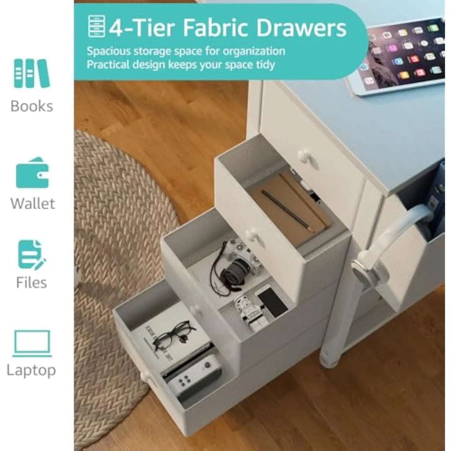 White L Shaped Computer Desk with Fabric Drawers