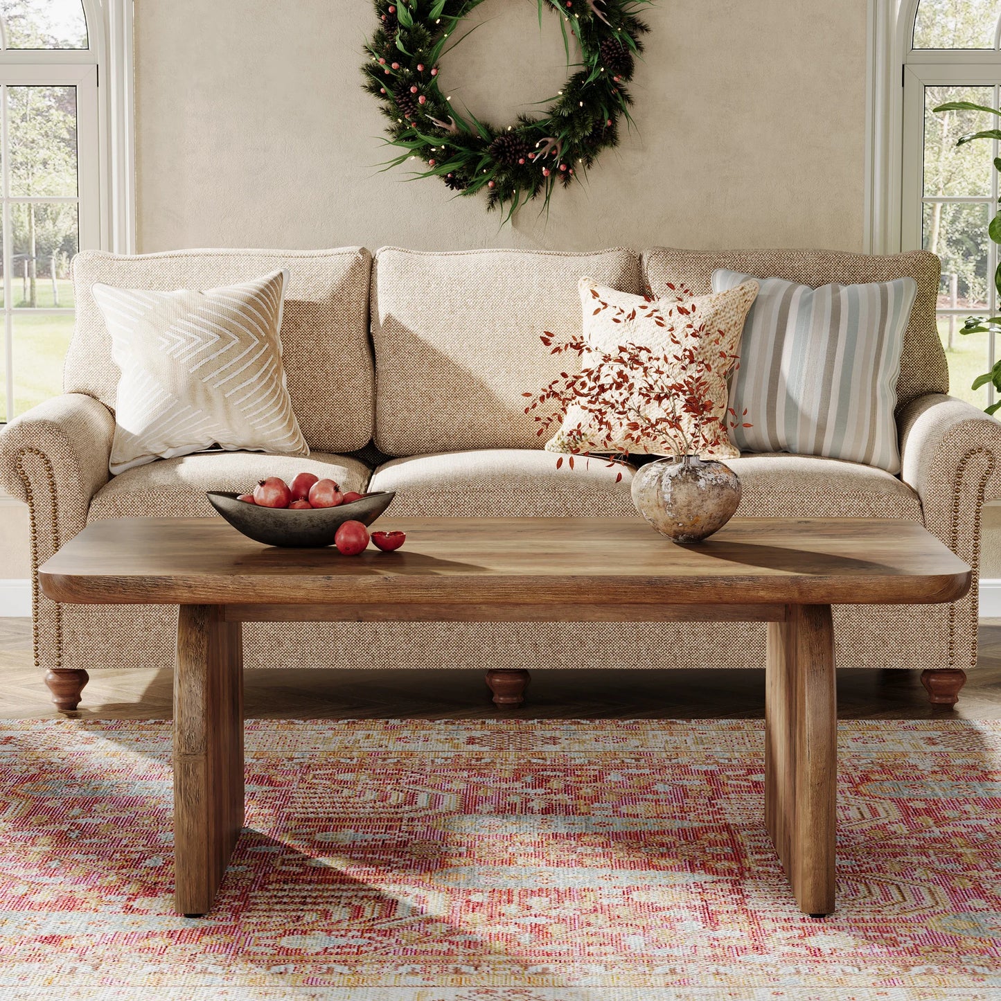 Farmhouse Rectangular Coffee Table with Sturdy Base