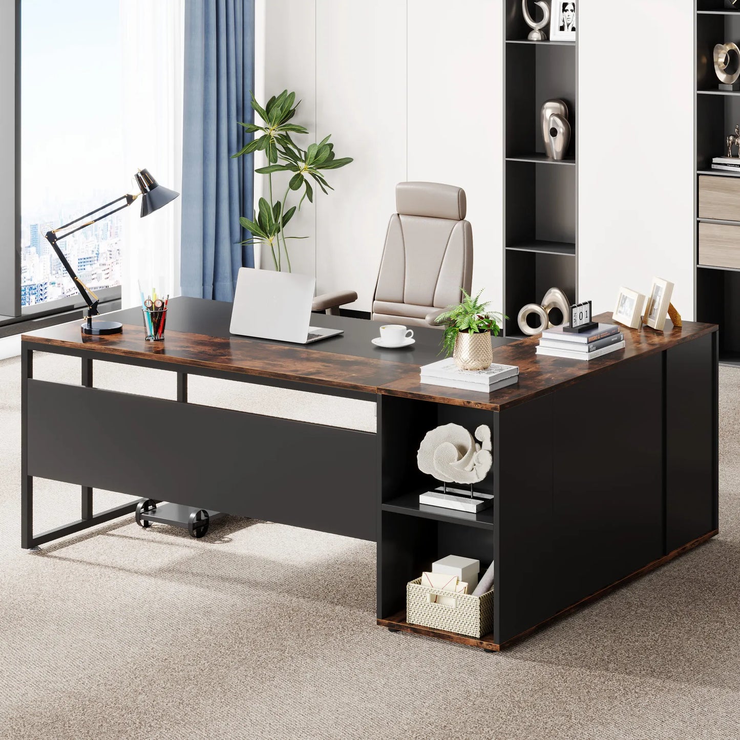 L-Shaped Executive Office Desk with Cabinet Storage