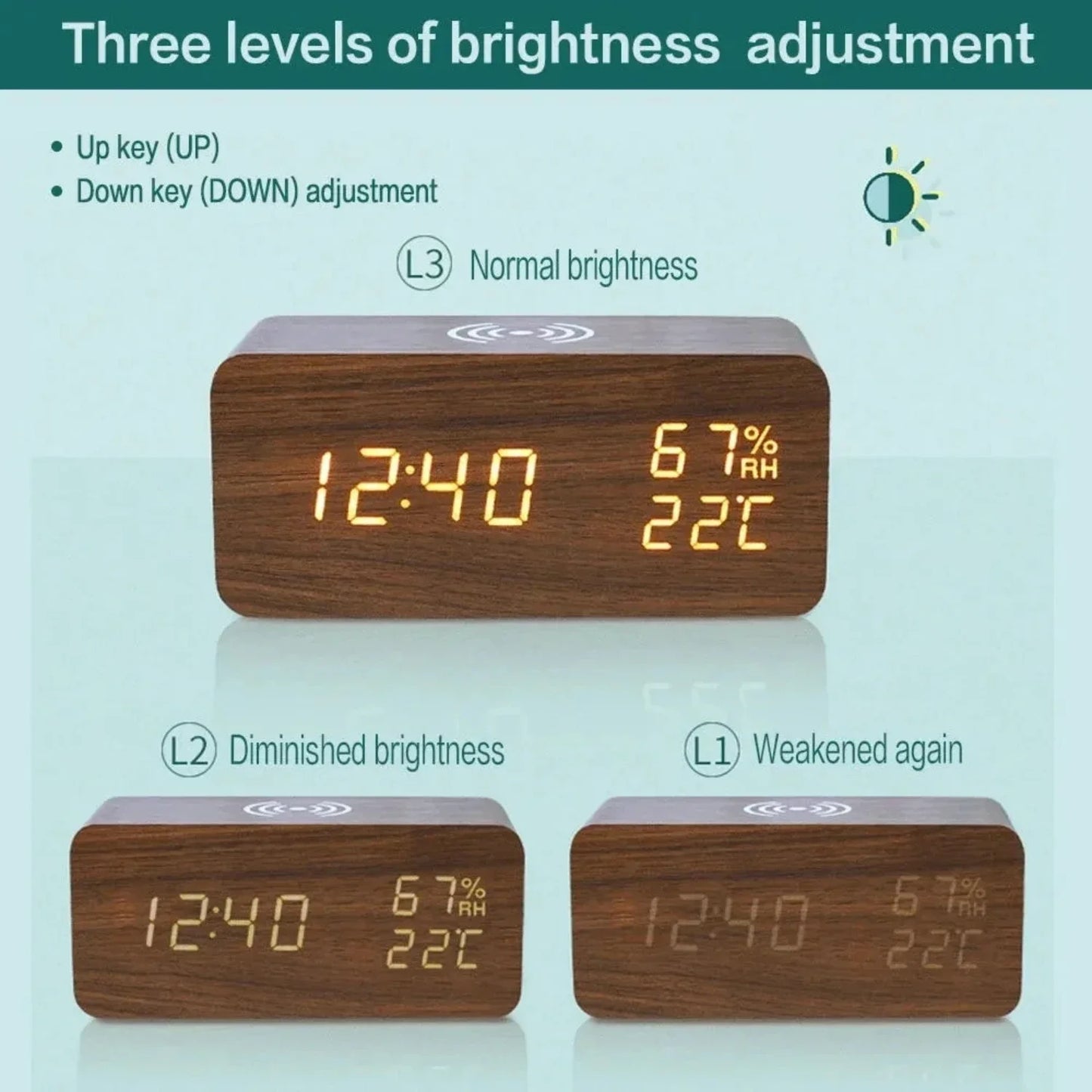 Wooden Wireless Digital Desk Clock w/Phone Charging Function