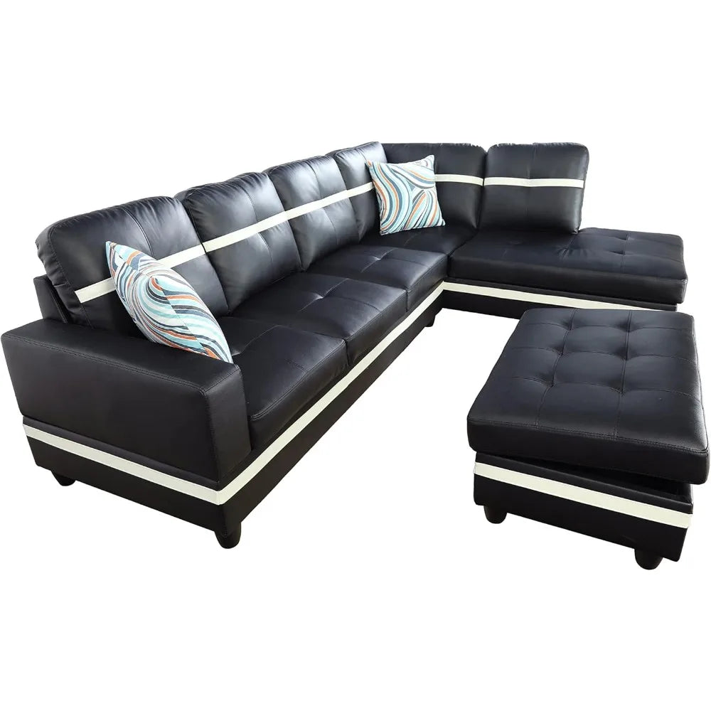 Living Room Leather Sectional w/Storage/Ottoman/Toss Pillows