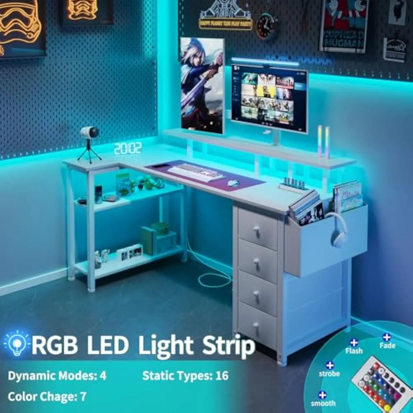 White L Shaped Computer Desk with Fabric Drawers