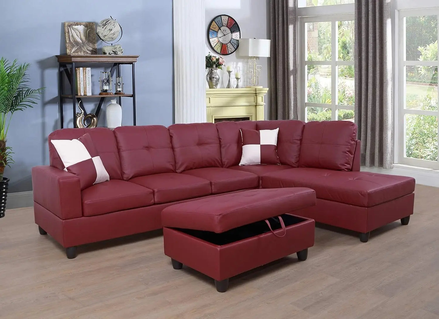 Living Room Leather Sectional w/Storage/Ottoman/Toss Pillows