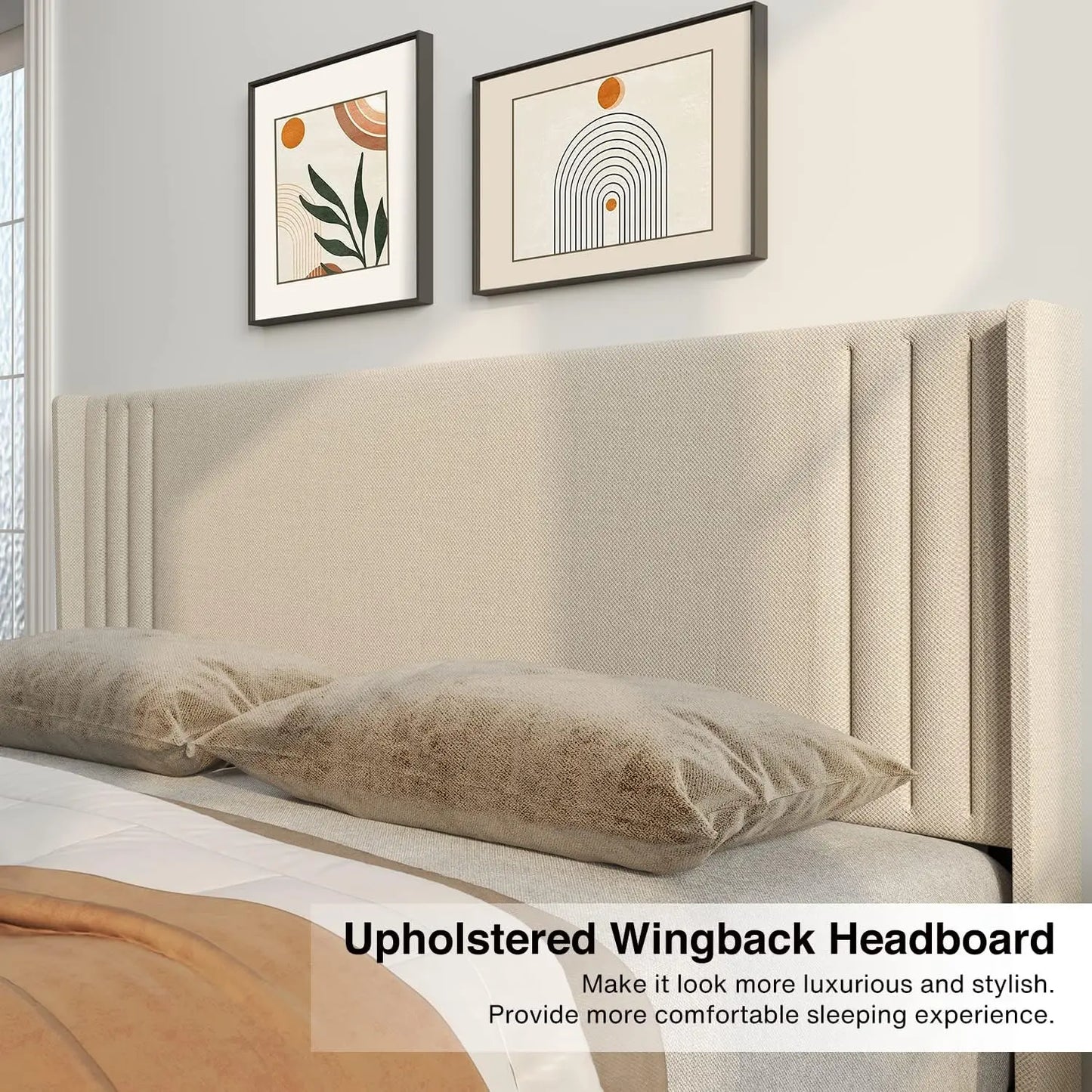 Queen Bed Frame w/Wingback Headboard Easy Assembly