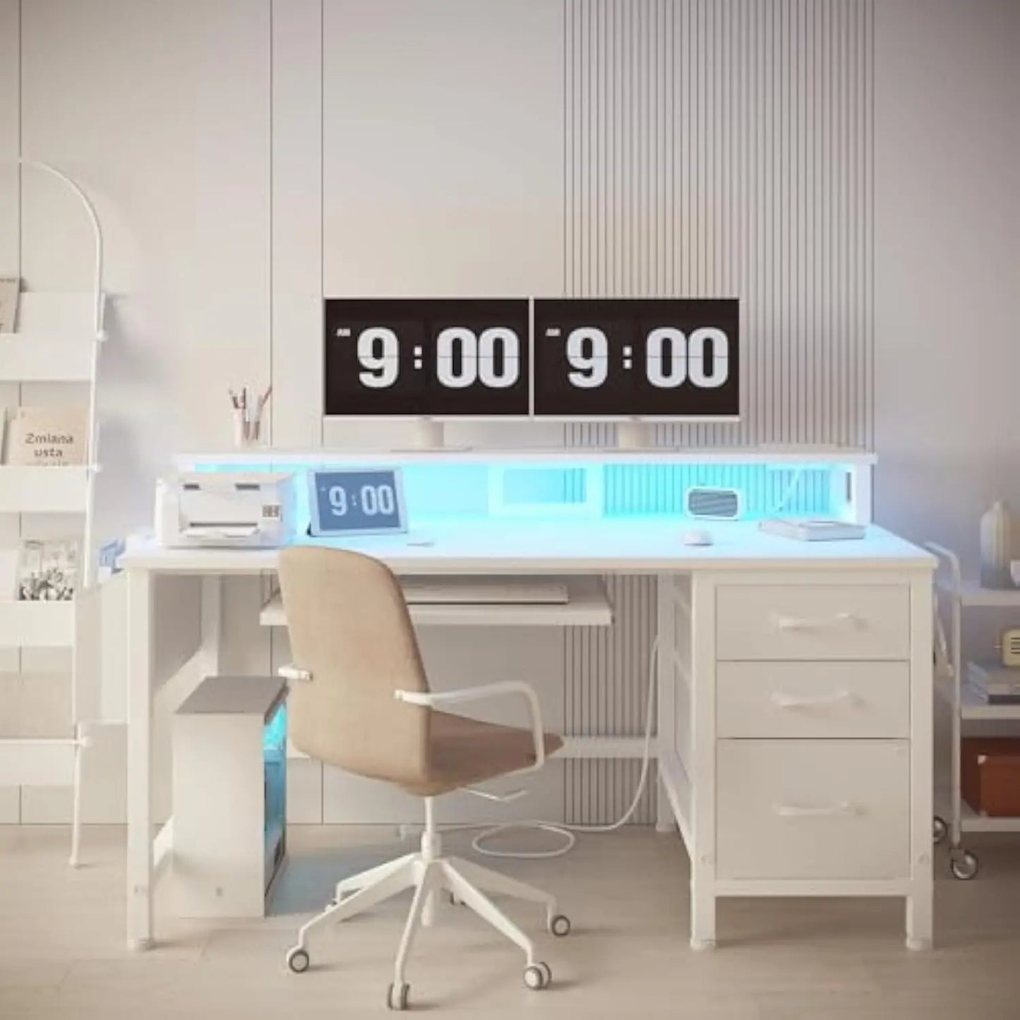 White Computer Desk with File Drawers Cabinet