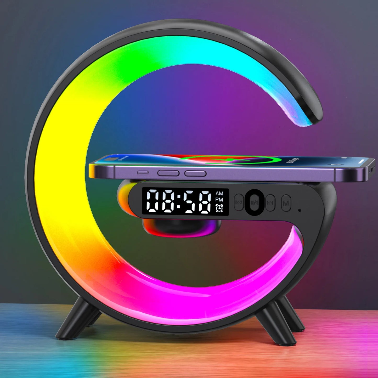 Fast Wireless Charger Desktop Stand Bluetooth Speaker w/Clock