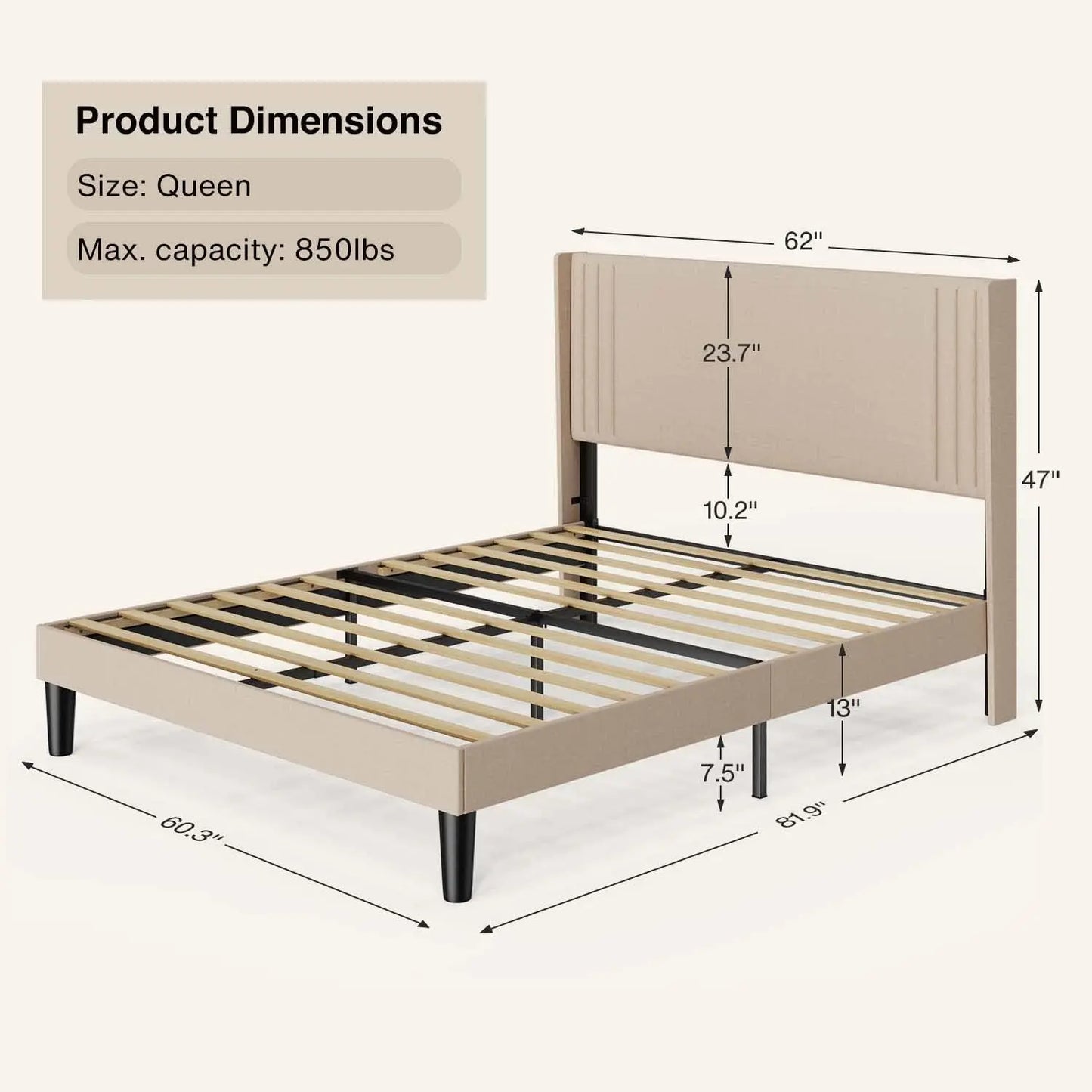 Queen Bed Frame w/Wingback Headboard Easy Assembly