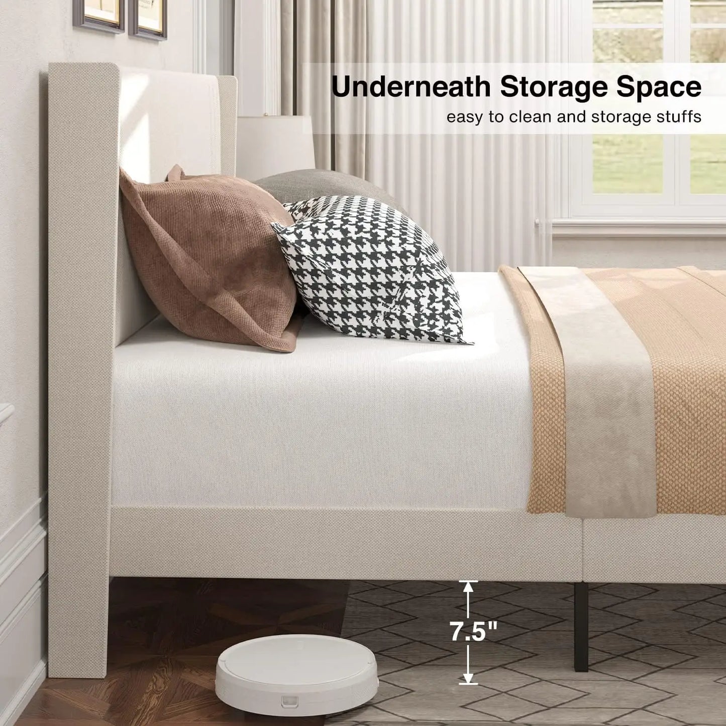 Queen Bed Frame w/Wingback Headboard Easy Assembly