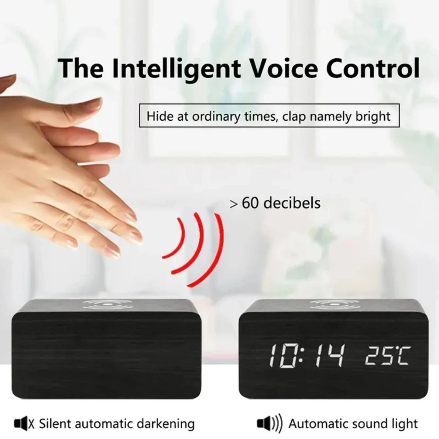 Wooden Wireless Digital Desk Clock w/Phone Charging Function