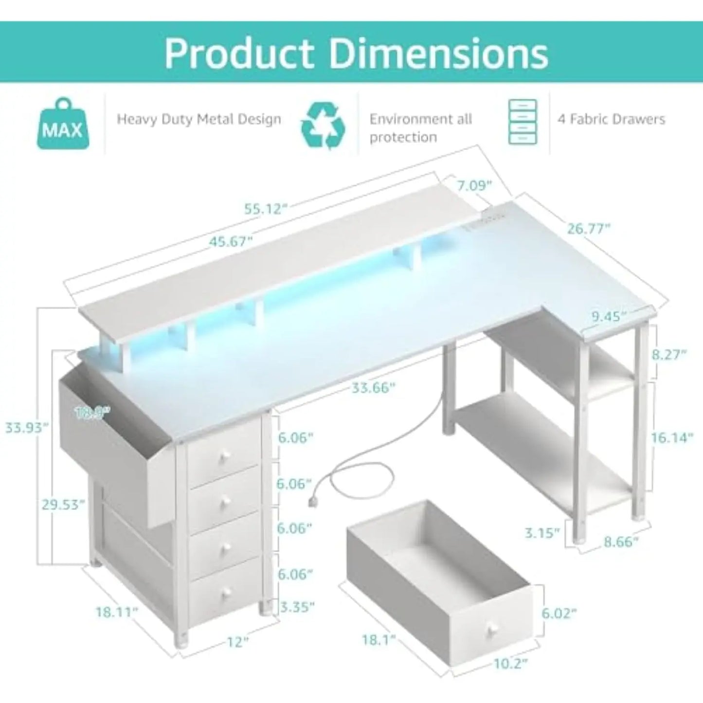 White L Shaped Computer Desk with Fabric Drawers
