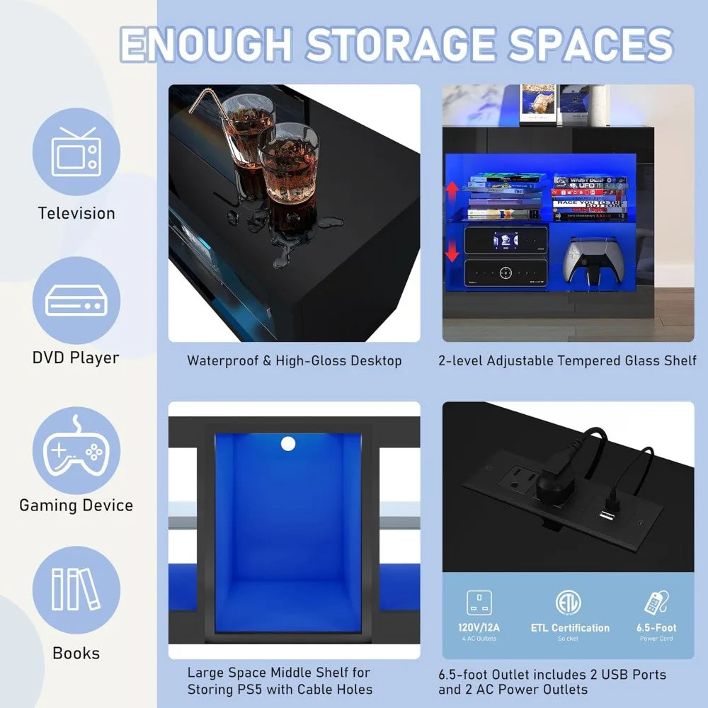 Modern Black LED Entertainment Center w/Power Outlet