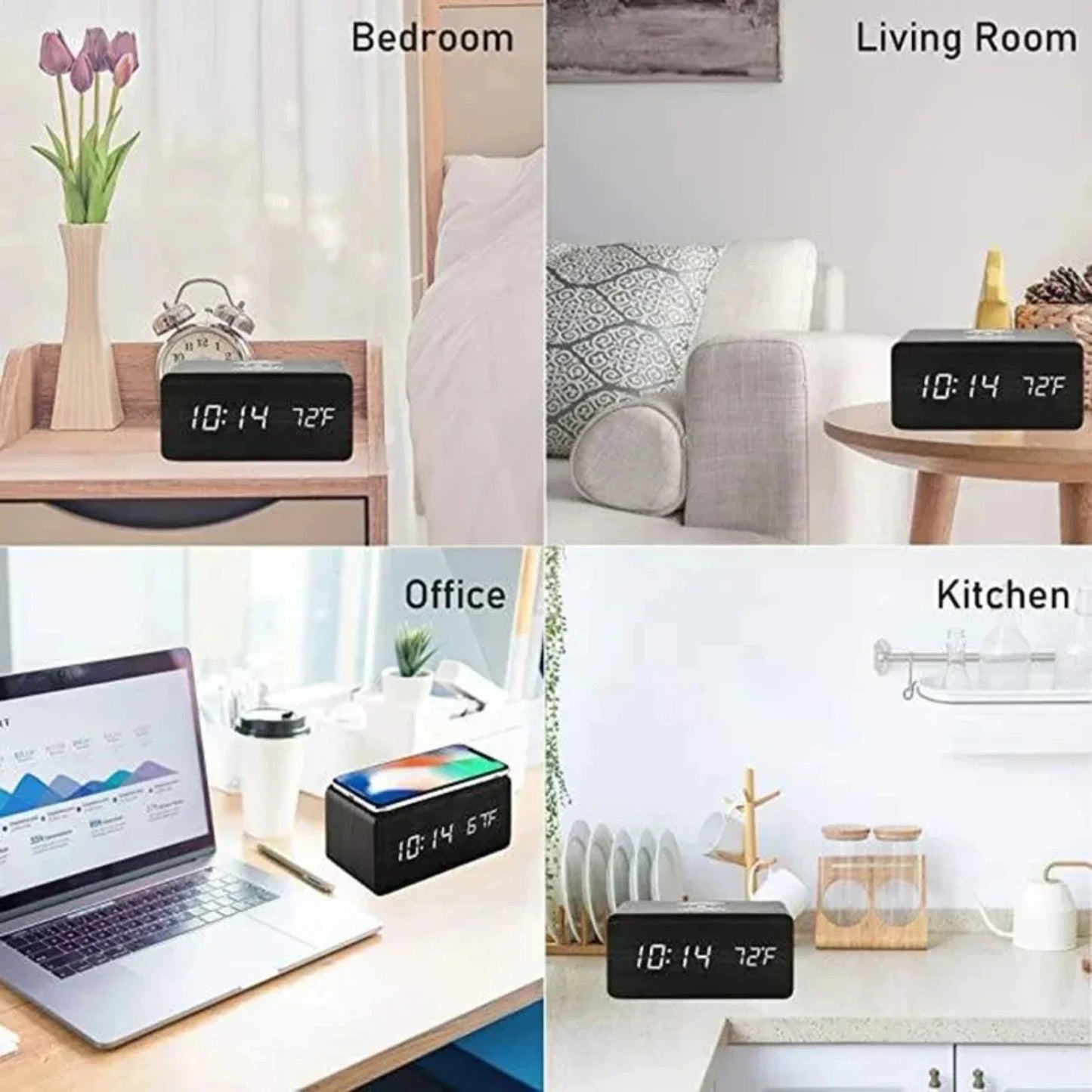 Wooden Wireless Digital Desk Clock w/Phone Charging Function