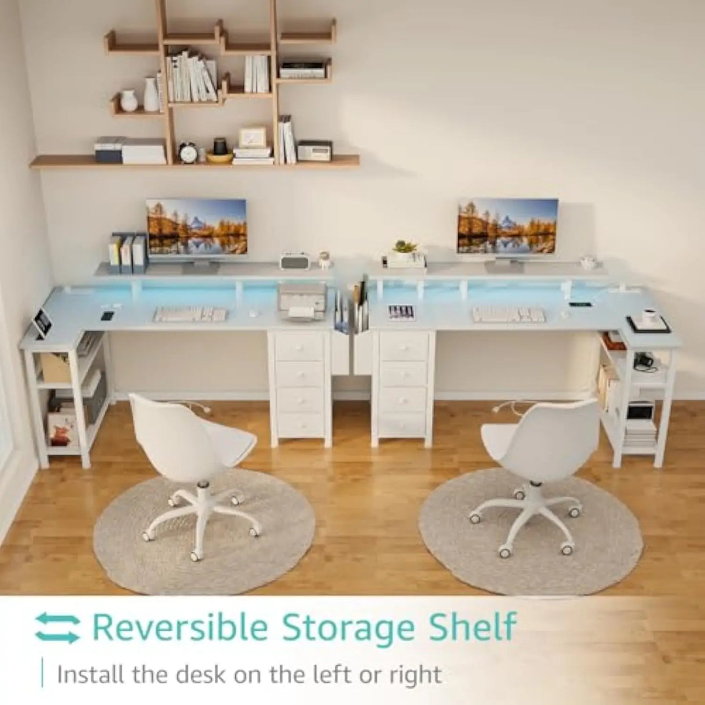 White L Shaped Computer Desk with Fabric Drawers