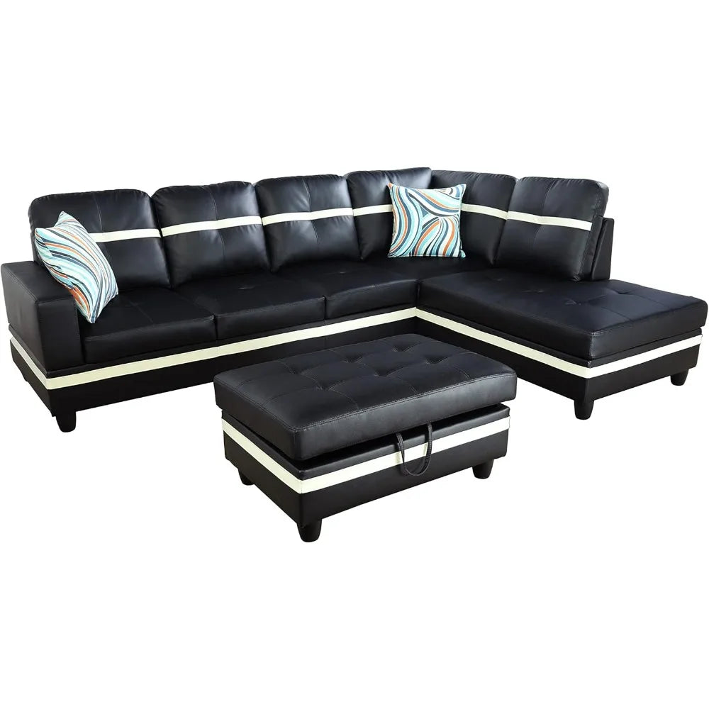Living Room Leather Sectional w/Storage/Ottoman/Toss Pillows