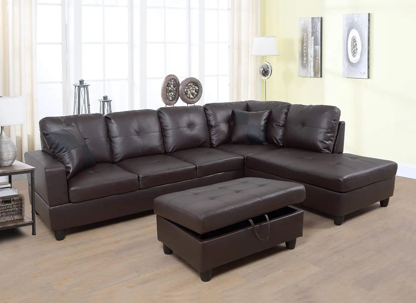 Living Room Leather Sectional w/Storage/Ottoman/Toss Pillows