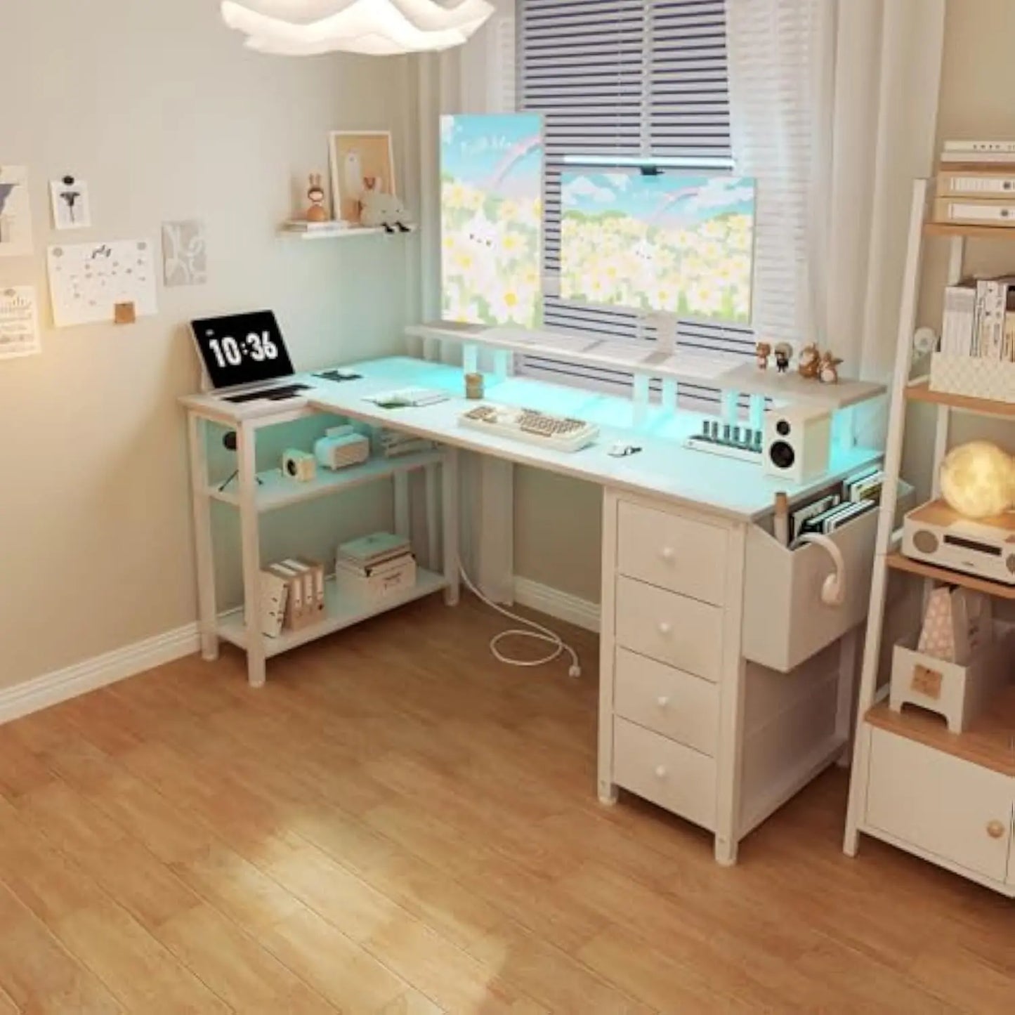 White L Shaped Computer Desk with Fabric Drawers