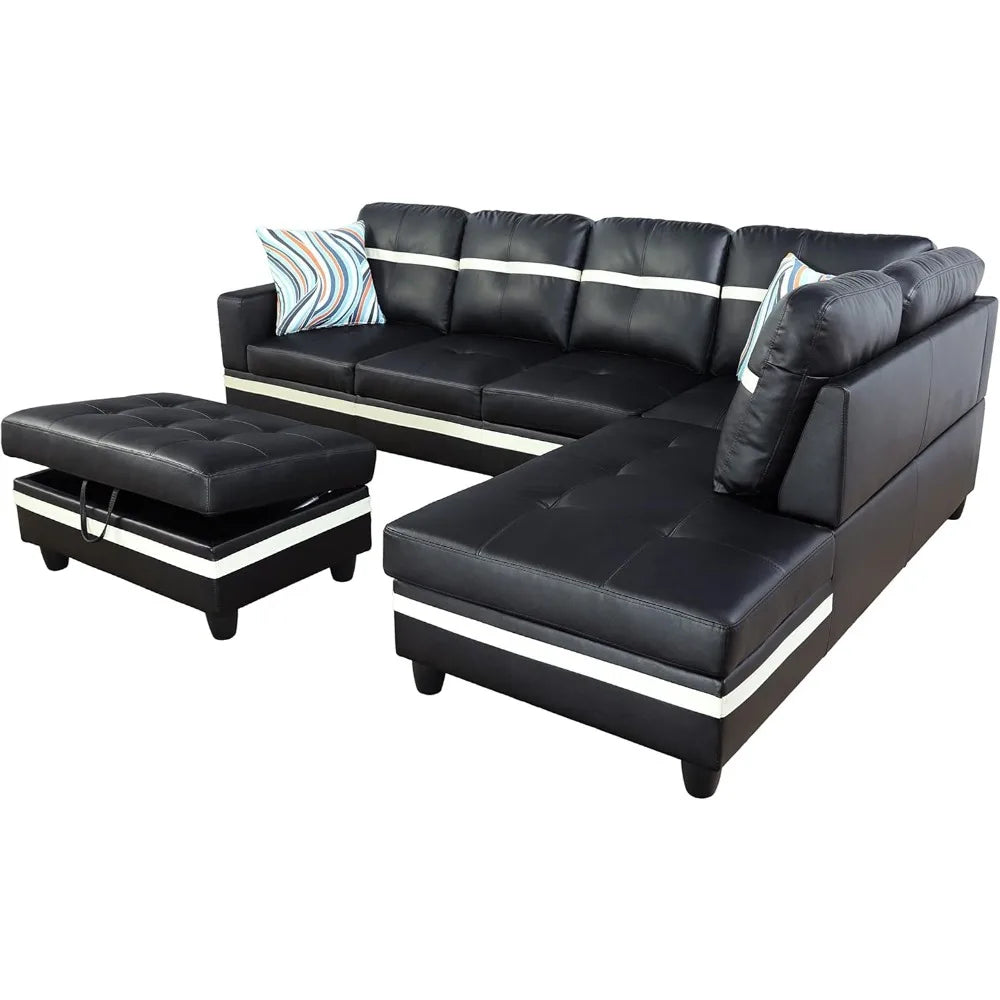 Living Room Leather Sectional w/Storage/Ottoman/Toss Pillows