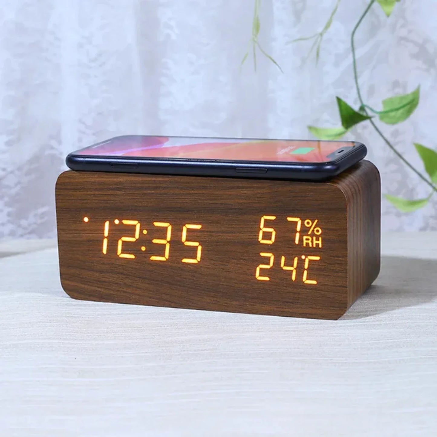 Wooden Wireless Digital Desk Clock w/Phone Charging Function