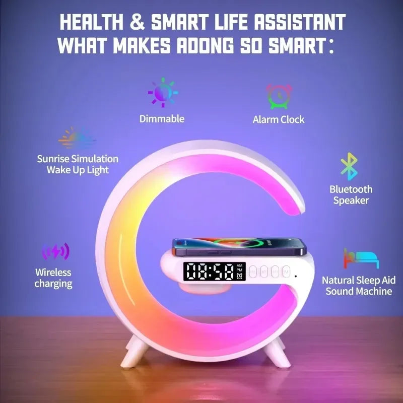 Fast Wireless Charger Desktop Stand Bluetooth Speaker w/Clock