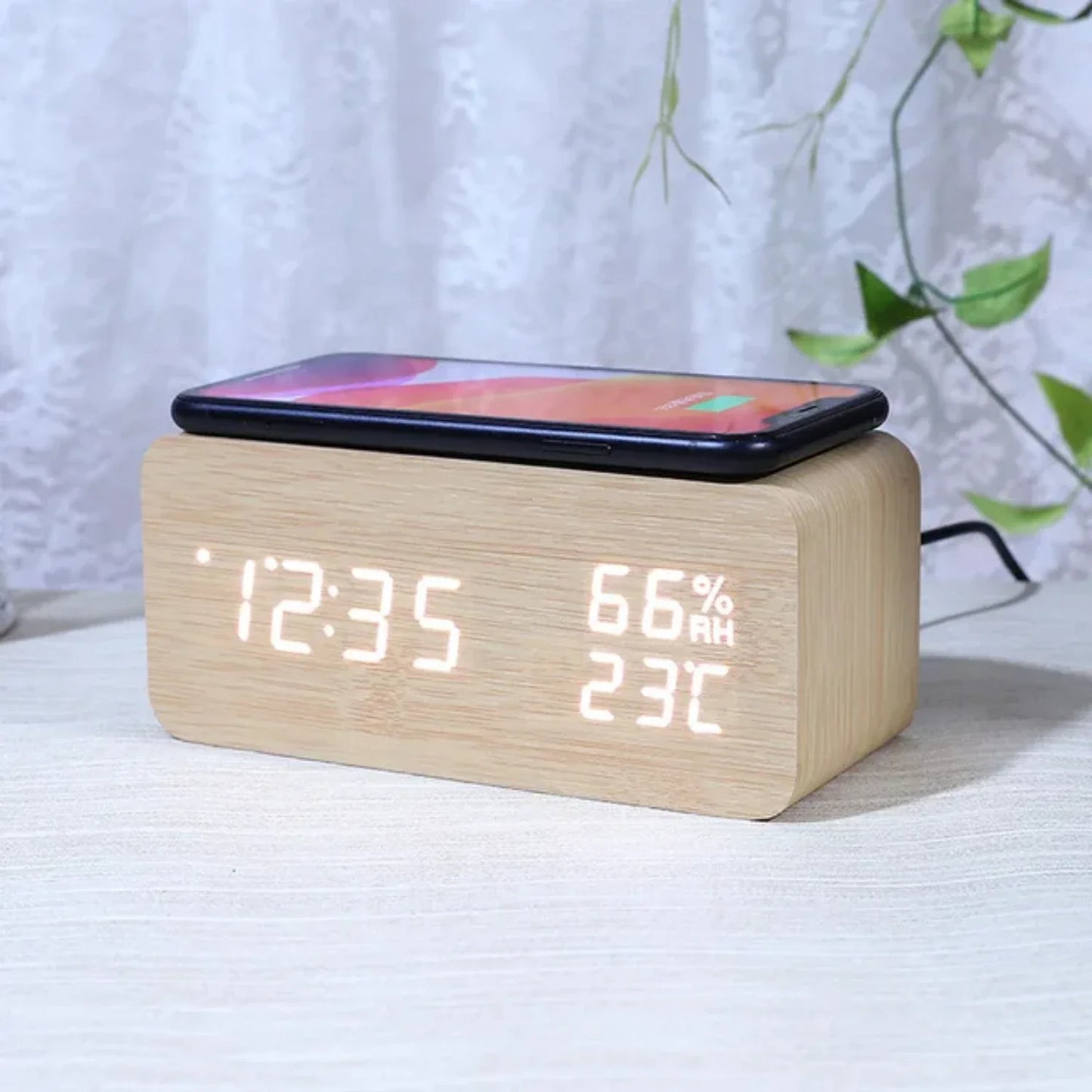 Wooden Wireless Digital Desk Clock w/Phone Charging Function