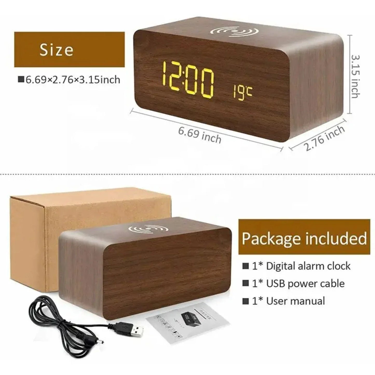 Wooden Wireless Digital Desk Clock w/Phone Charging Function