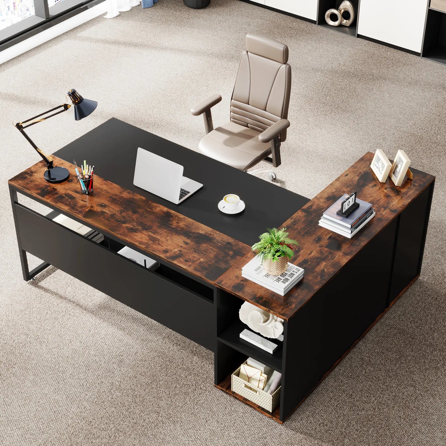 L-Shaped Executive Office Desk with Cabinet Storage