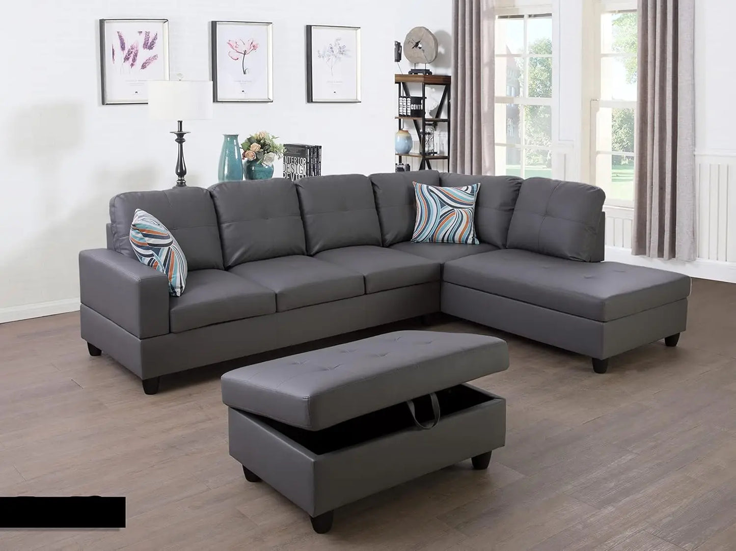 Living Room Leather Sectional w/Storage/Ottoman/Toss Pillows