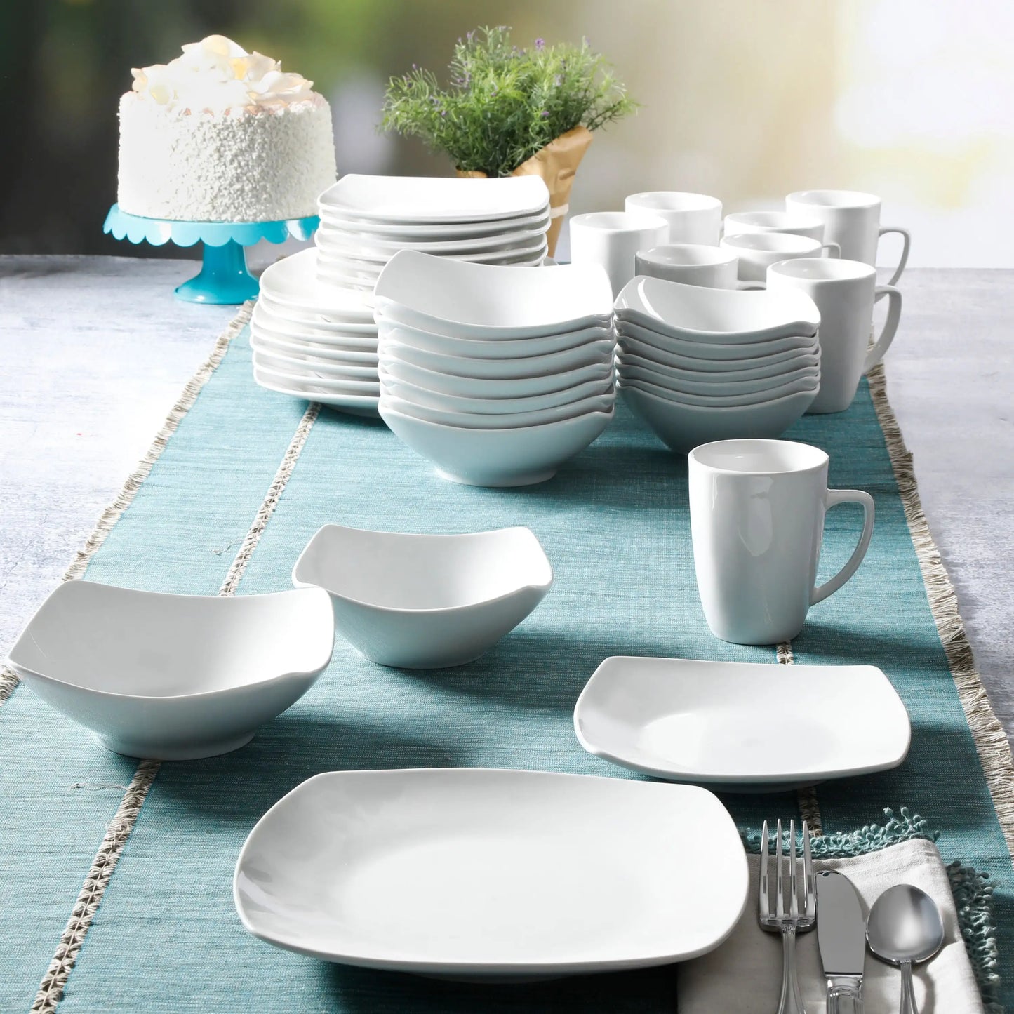 Everyday Square White Ceramic Expanded 40-Piece Dinnerware Set