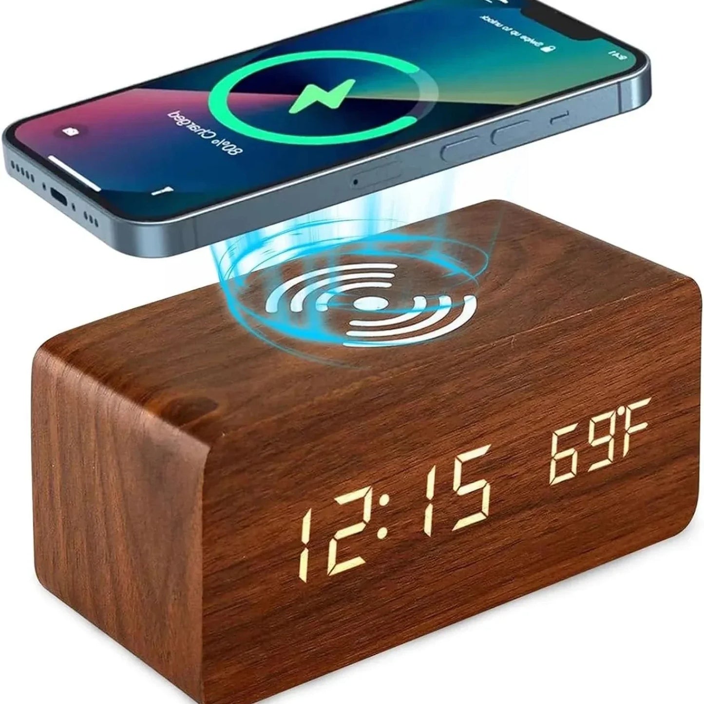 Wooden Wireless Digital Desk Clock w/Phone Charging Function