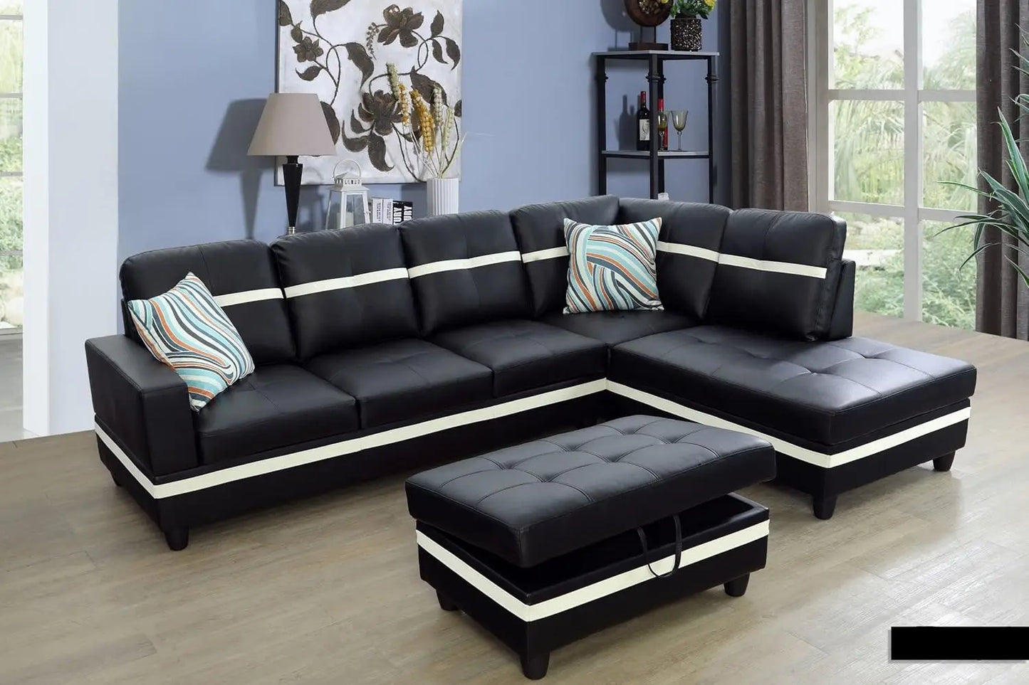 Living Room Leather Sectional w/Storage/Ottoman/Toss Pillows