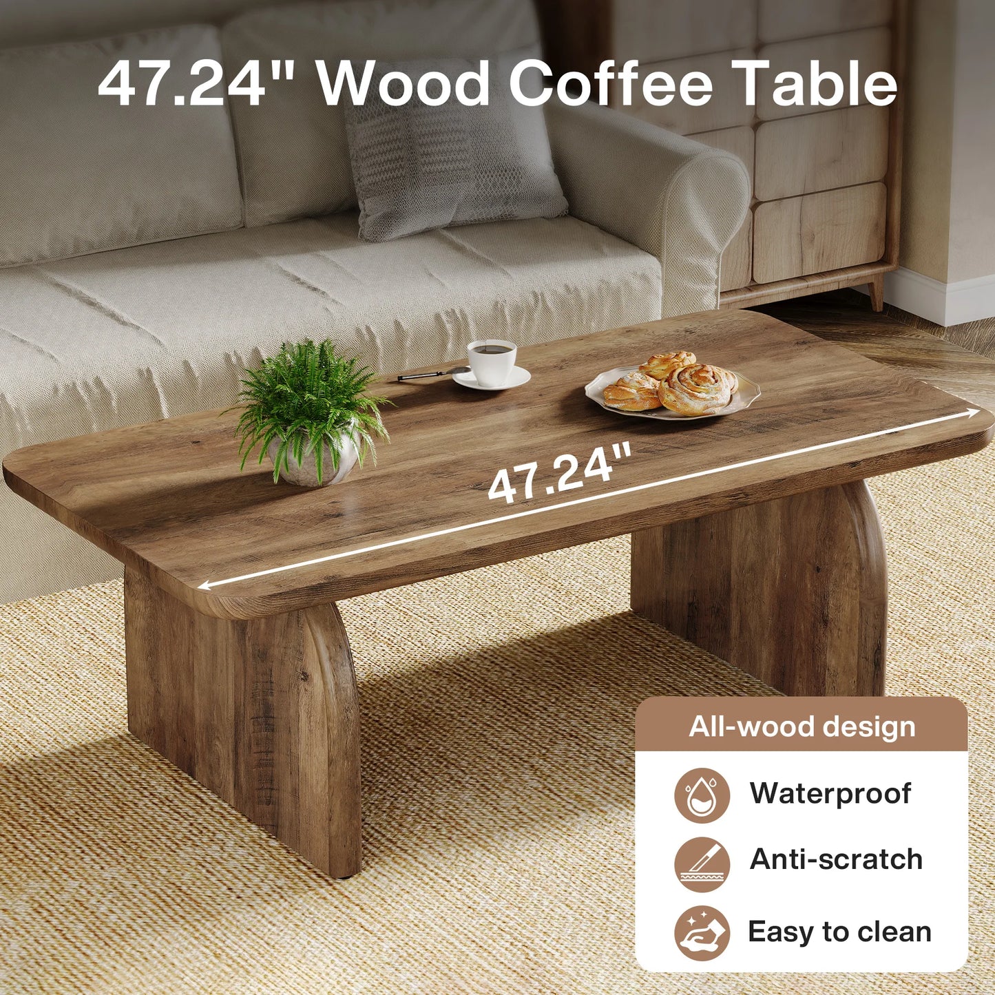 Farmhouse Rectangular Coffee Table with Sturdy Base