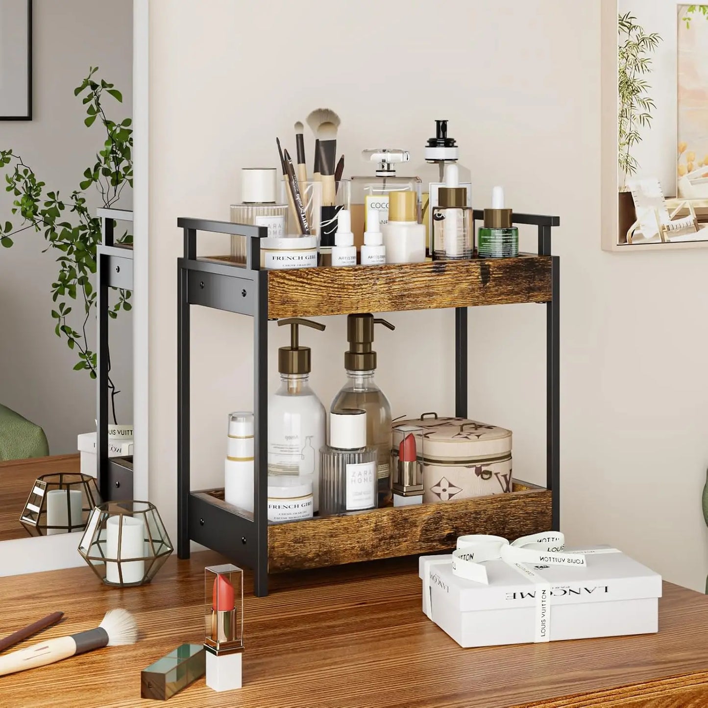 Countertop Coffee Station Organizer, 2 Tier Wooden Shelf for Coffee Bar Accessories, Condiment Storage Caddy for Kitchen