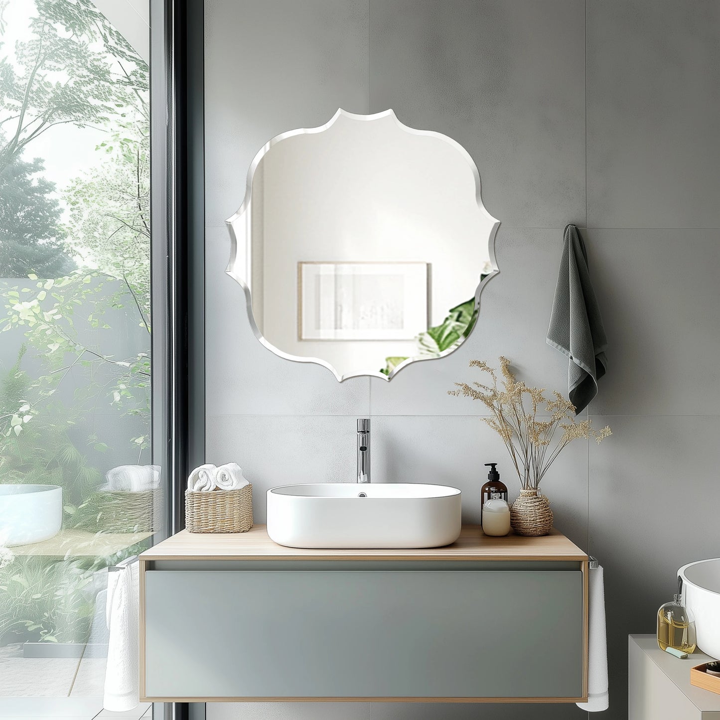 Scalloped Edge Beveled Frameless Bathroom Wall Mirror