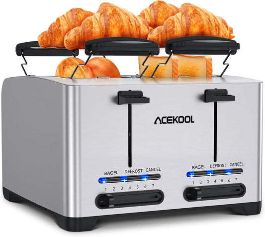 Toaster 4 Slice, Stainless Steel Toasters with Bagel, Cancel and Defrost Function, Dual Control, 1.6 inch Extra-wide Slot