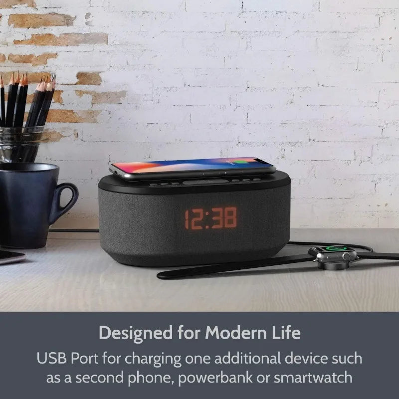 Alarm Clock Radio w/Wireless Charging/Bluetooth Speakers