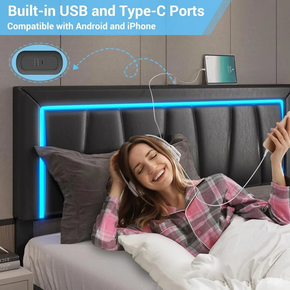 King Bed Frame w/Storage/LED Lights/USB Ports