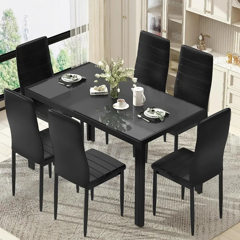 Dining Room Table with Set of 6 Leather Chairs