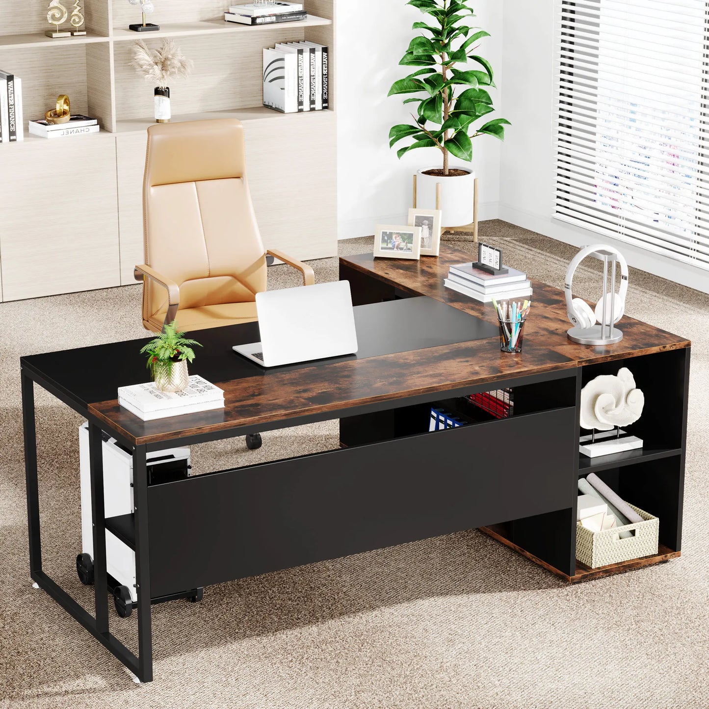 L-Shaped Executive Office Desk with Cabinet Storage