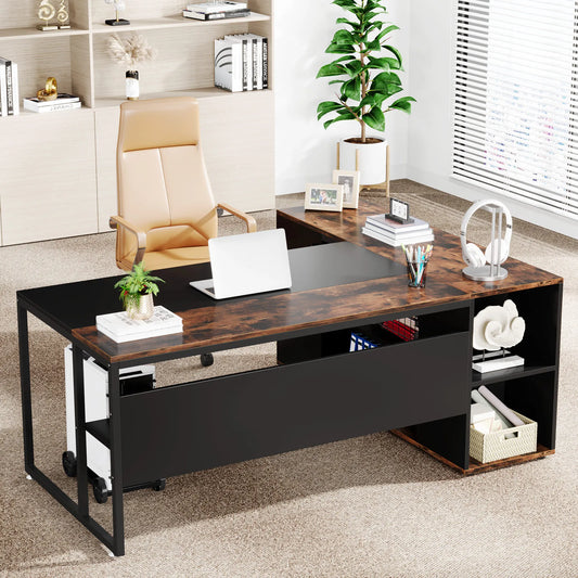 L-Shaped Executive Office Desk with Cabinet Storage