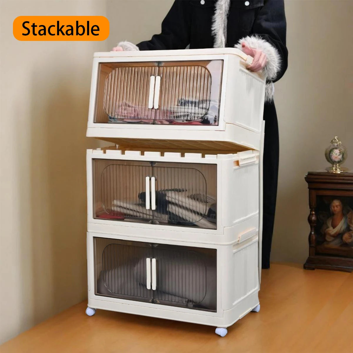 Magnetic Door Plastic Storage Cabinet Bins w/Lids