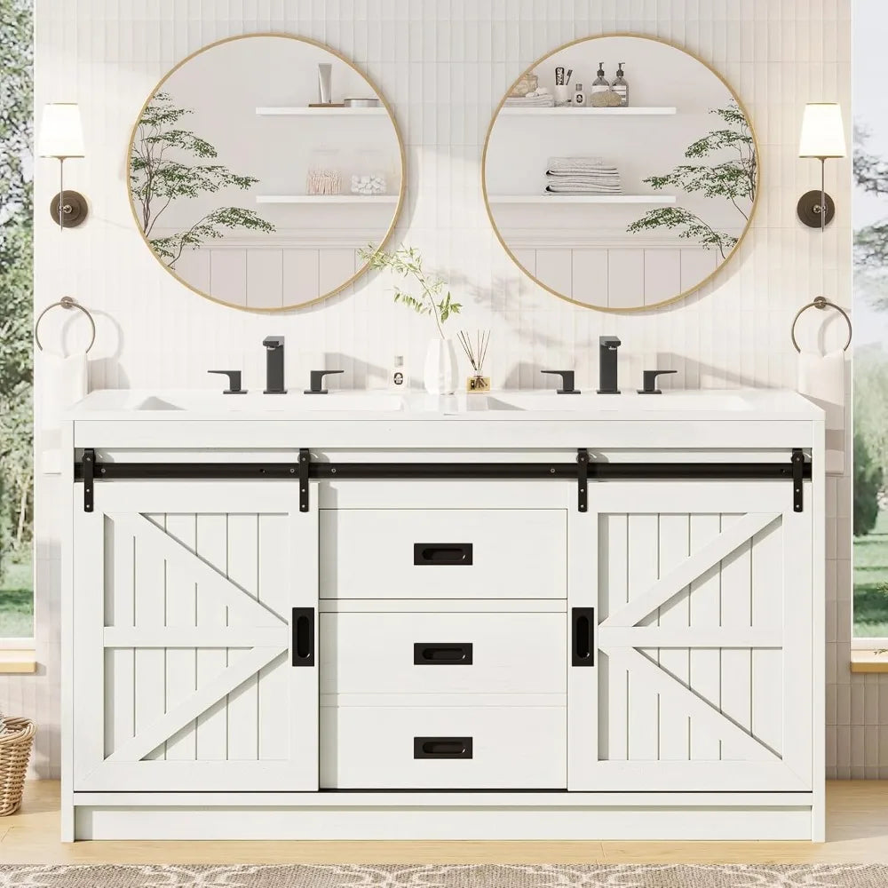 Double Vanity Sinks w/Sliding Barn Doors/Storage Cabinet