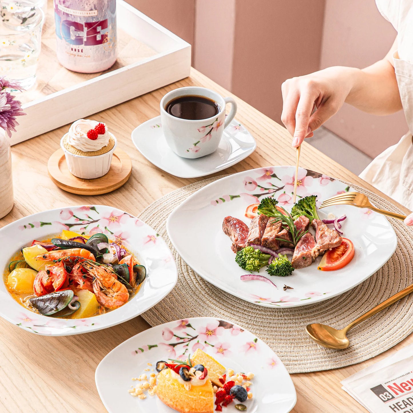 White Ceramic Pink Floral Porcelain Plate Set