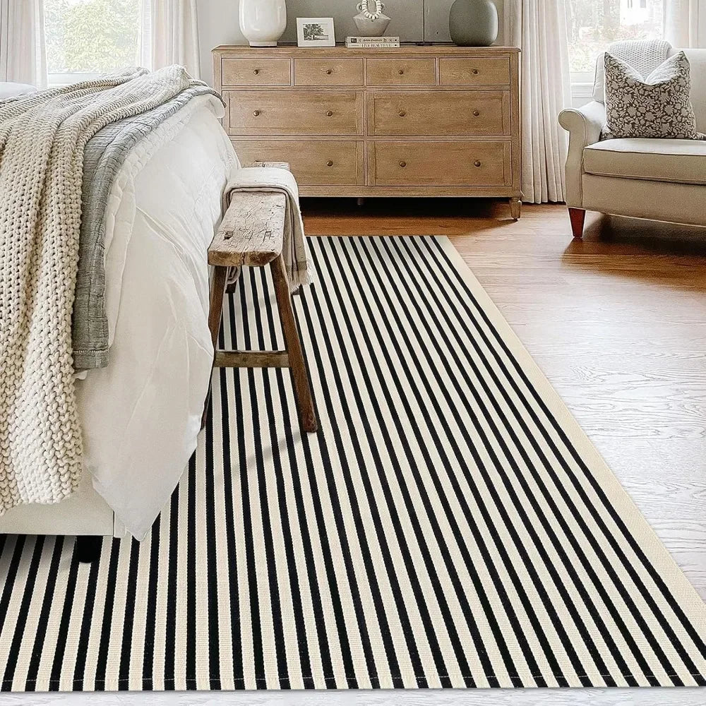 Black Beige Striped Washable Indoor/Outdoor Rug