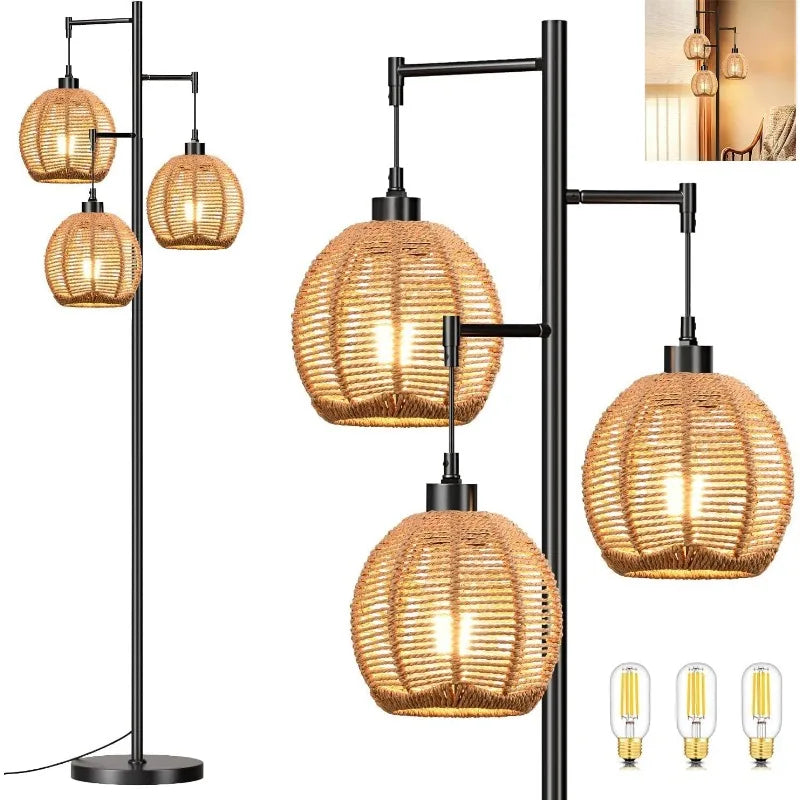 Tree Floor Lamp Rattan for Dining/Living Room