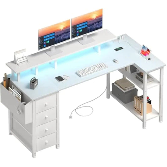 White L Shaped Computer Desk with Fabric Drawers