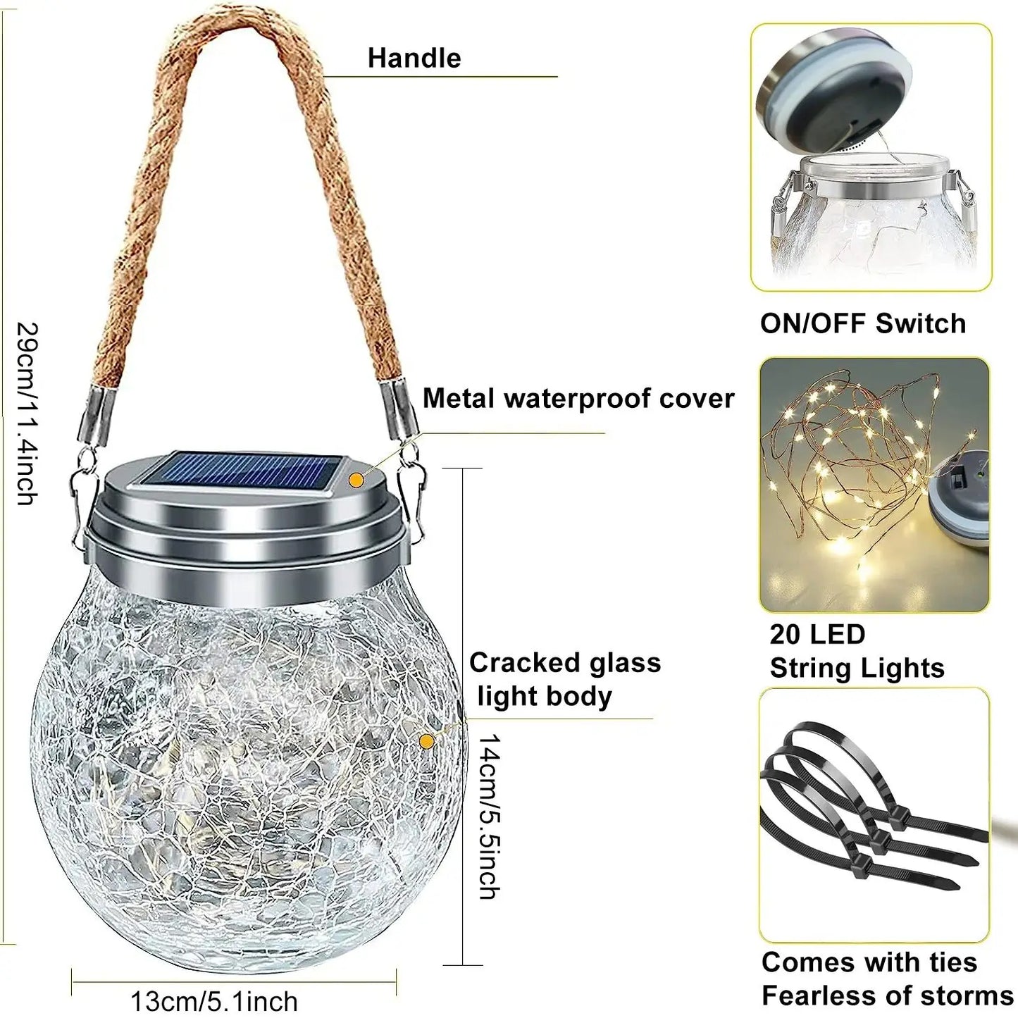 Solar Outdoor Cracked Glass Lanterns w/30 LED Beads