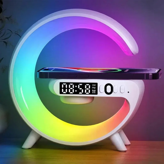 Fast Wireless Charger Desktop Stand Bluetooth Speaker w/Clock